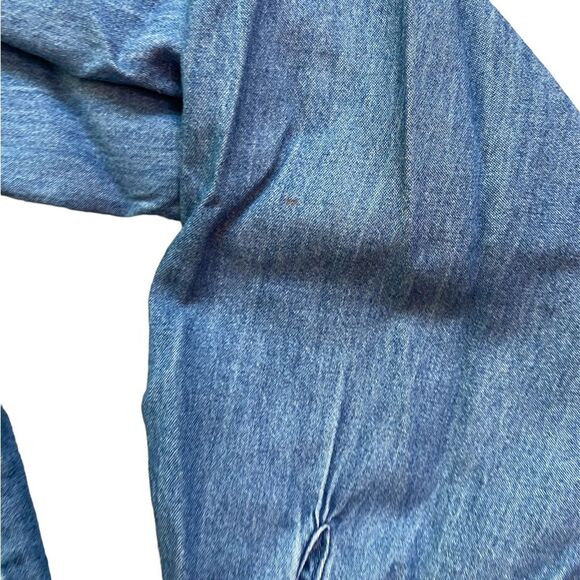 Eloquii Blue Chambray Denim Ruffle Chest Long Sleeve Button Down - Picture 3 of 7